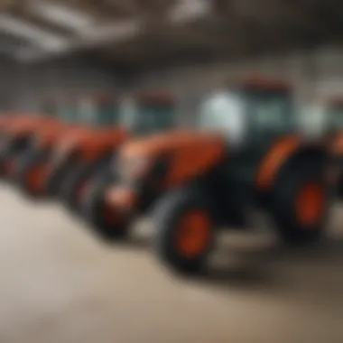 Diverse Models of Kubota Tractors A diverse range of Kubota tractor models lined up for display