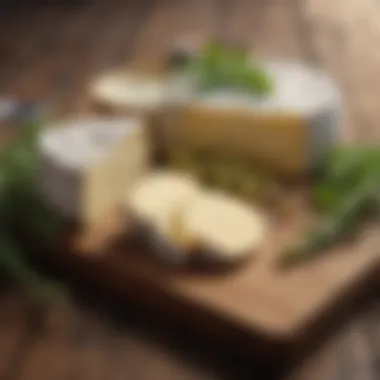 Soft cheese displayed on a wooden board with herbs