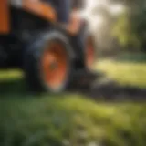 Close-up view of a mulching blade in action on grass