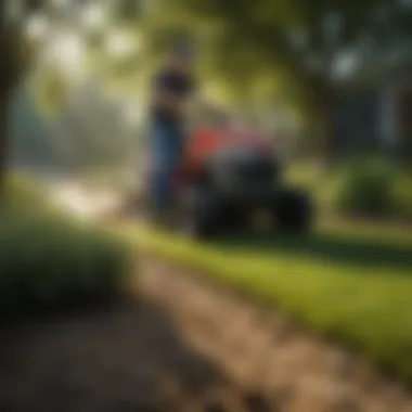 Landscaper applying mulched grass around plants