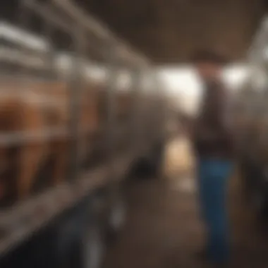 A farmer inspecting a livestock trailer at a dealership