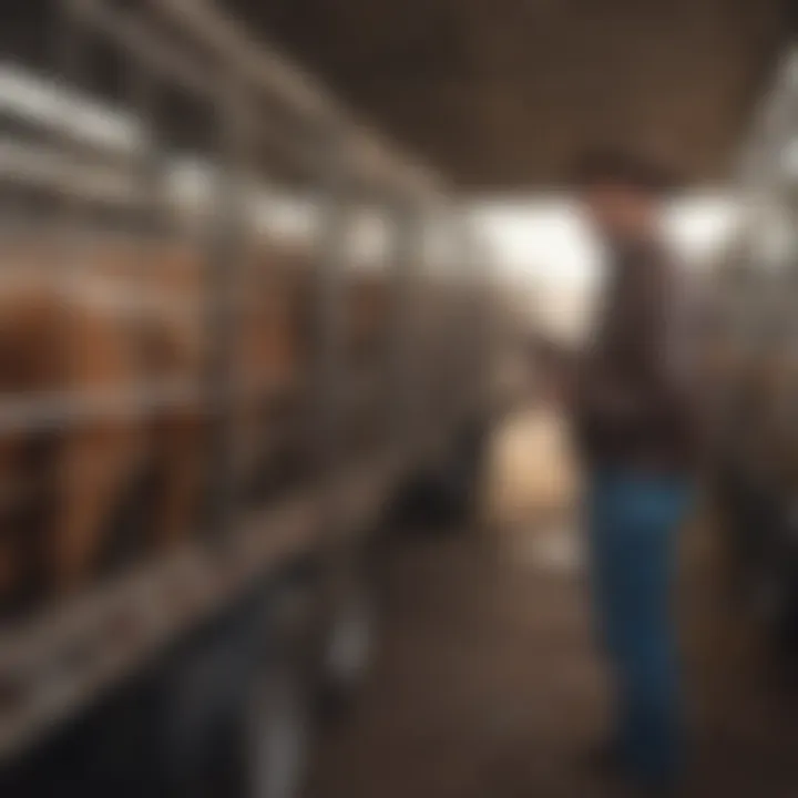 A farmer inspecting a livestock trailer at a dealership