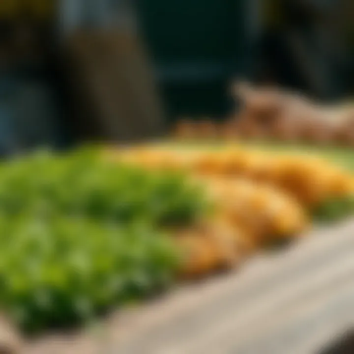 A close-up of different sod types displayed on a wooden table