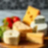 A selection of low-calorie cheeses on a wooden board