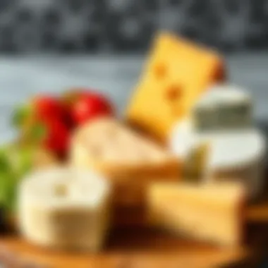 A selection of low-calorie cheeses on a wooden board