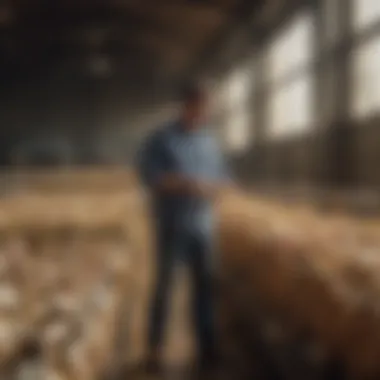 A farmer examining high-quality feed in a New York dairy barn.