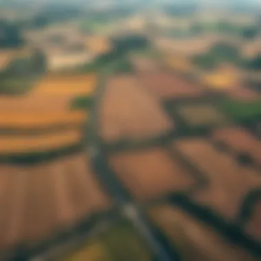 Aerial view of various land parcels with diverse uses