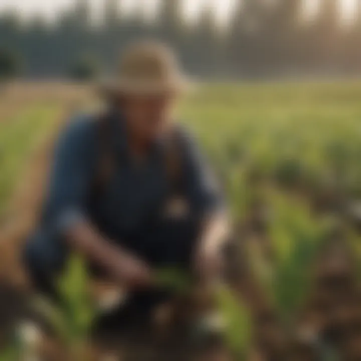 A farmer inspecting healthy crop growth in a flourishing field.