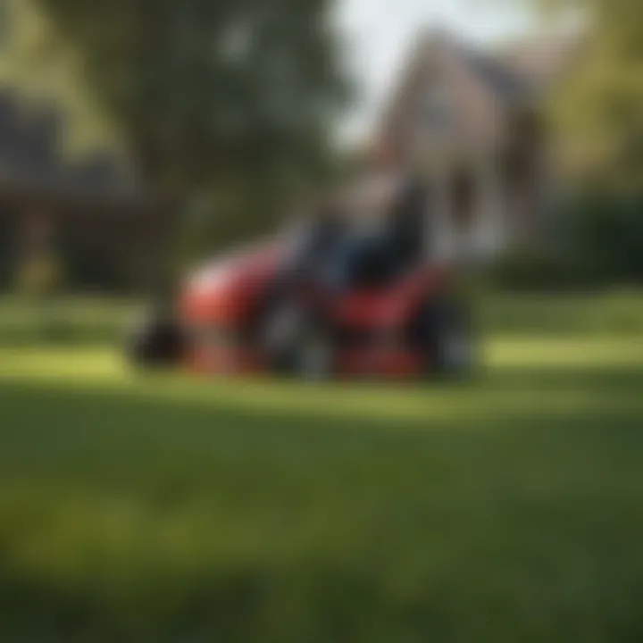 A picturesque American landscape being groomed by a riding lawn mower.