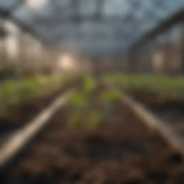 A thriving seedling inside a well-maintained greenhouse environment.