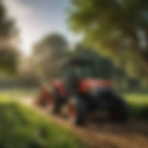 A compact tractor maneuvering through a lush green field, showcasing its adaptability.