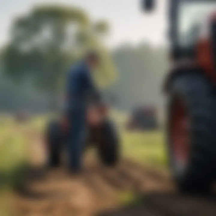 A farmer inspecting a small tractor, emphasizing maintenance and care.