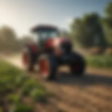 Small tractor performing multiple agricultural tasks, illustrating its versatility.