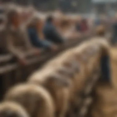 A vibrant scene depicting attendees enjoying the sheep show, surrounded by well-structured show rails.