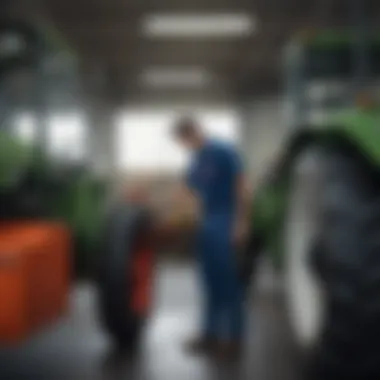 A technician conducting maintenance on a tractor in the dealership's workshop