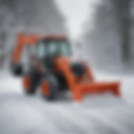 A Kubota lawn tractor equipped with a snowblower in action during a winter snowfall