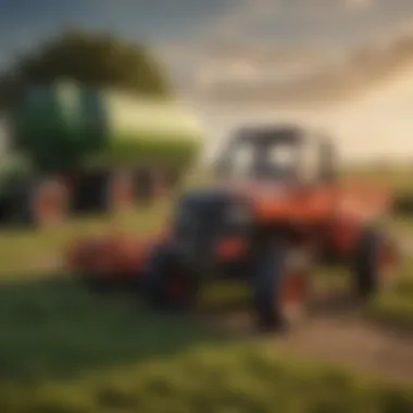 An agricultural field being tended with the aid of a lawn tractor wagon trailer.