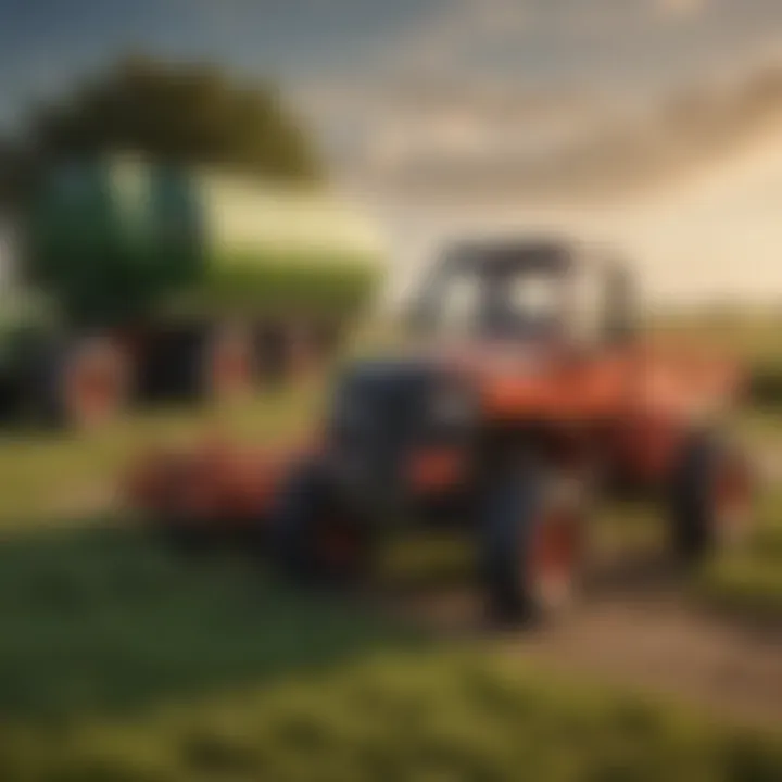 An agricultural field being tended with the aid of a lawn tractor wagon trailer.