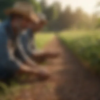 Farmers examining soybean seed varieties in a field