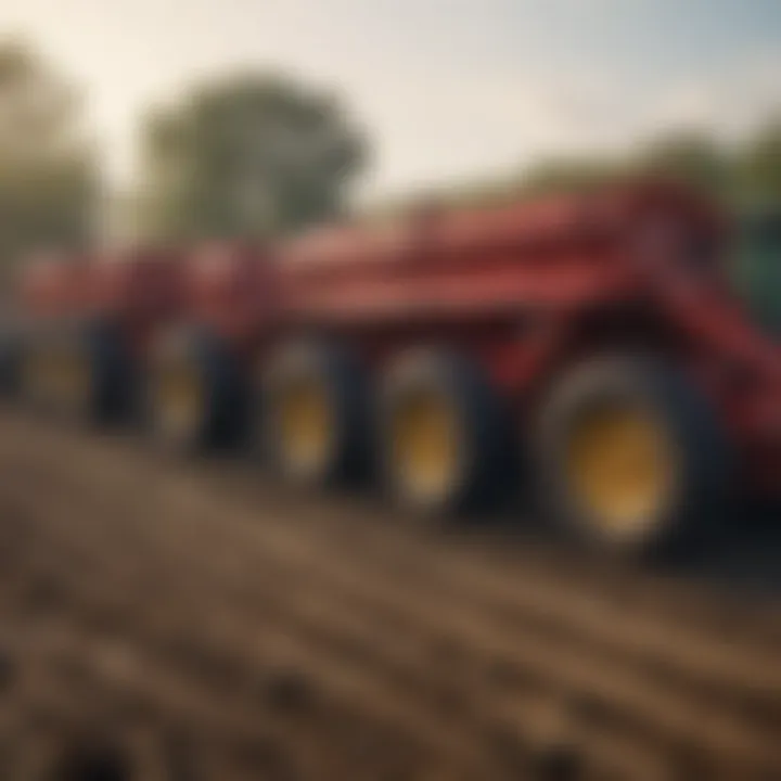 Different types of manure spreaders lined up for comparison