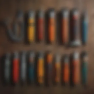 An array of different types of small trimmers laid out on a wooden surface.