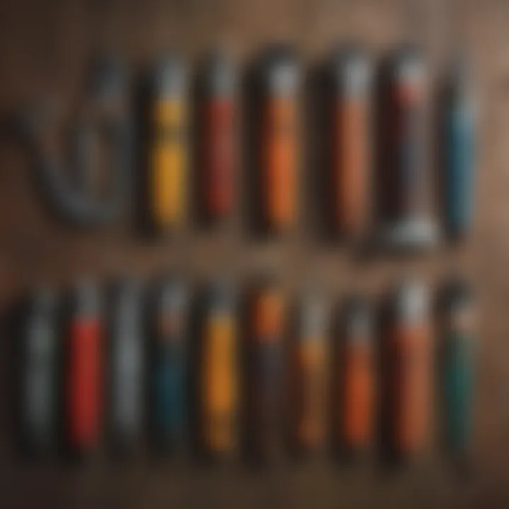 An array of different types of small trimmers laid out on a wooden surface.