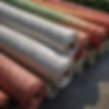 Different types of frost cloth rolls displayed in a garden center