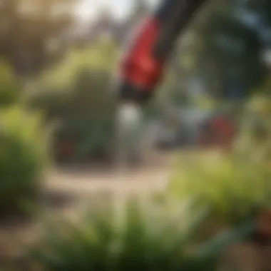 Close-up of a spray mist nozzle in action over a vibrant garden