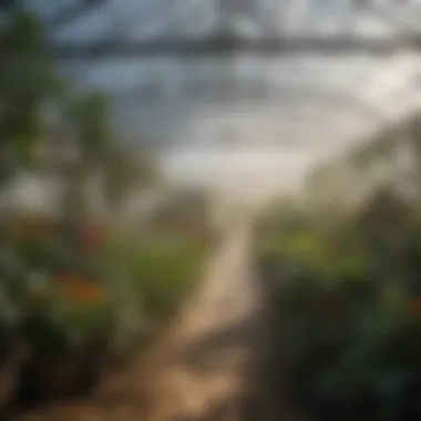 A lush greenhouse showcasing plants being watered with spray mist technology