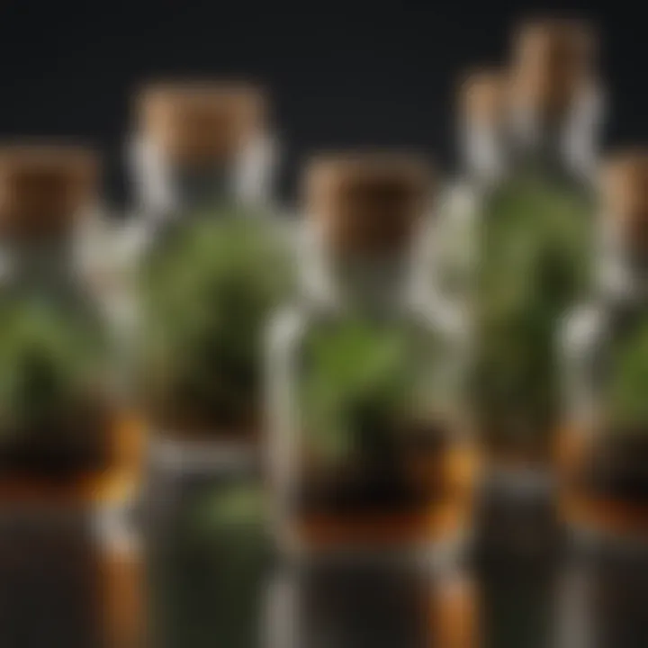 Close-up of cannabis nutrient bottles arranged elegantly