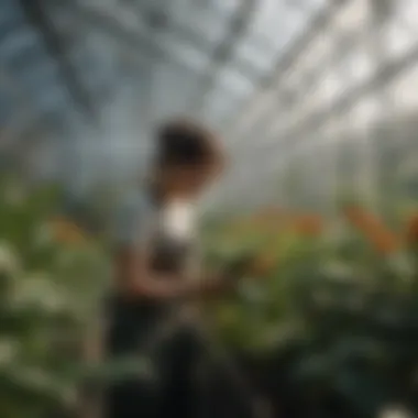 A professional examining a plant in a greenhouse.