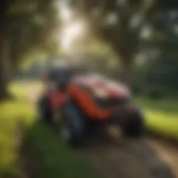 A riding mower navigating through a lush southern landscape