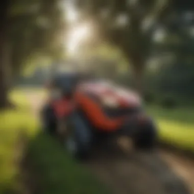 Riding Mower in Southern Landscape A riding mower navigating through a lush southern landscape