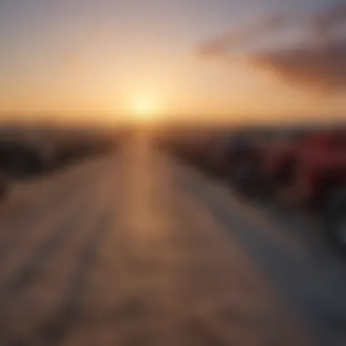 Sunset over a used farm equipment lot