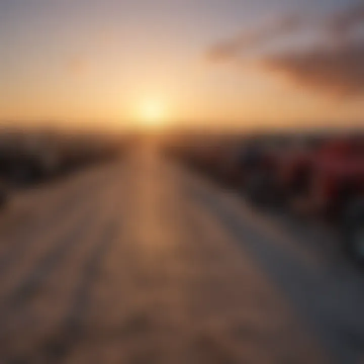 Sunset over a used farm equipment lot