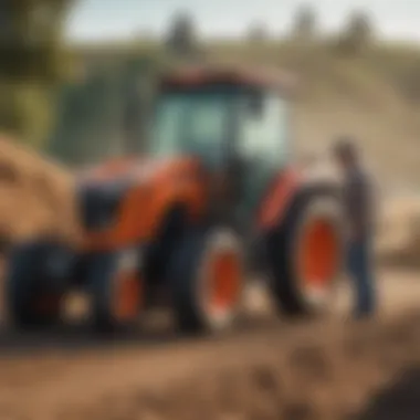 A farmer inspecting a used Kubota tractor before purchase