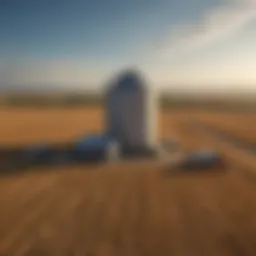 Aerial view of a 10 ton grain bin in a vast agricultural landscape