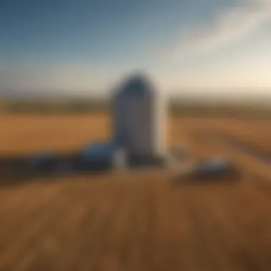 Aerial view of a 10 ton grain bin in a vast agricultural landscape