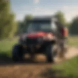 Detailed view of a UTV pull type sprayer in a field