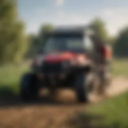 Detailed view of a UTV pull type sprayer in a field