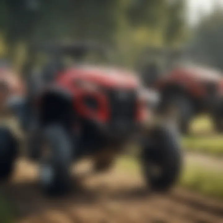 Different models of UTV pull type sprayers lined up for comparison