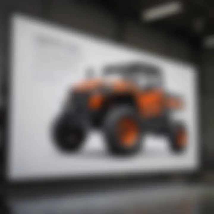 Technical specifications of UTV pull type sprayers displayed on a whiteboard
