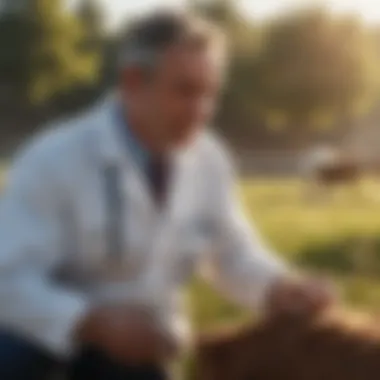 Veterinarian examining livestock in a sunny field