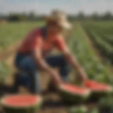 A farmer harvesting ripe watermelons in a field