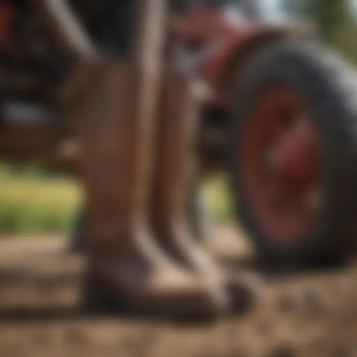 Xtratuf boots displayed with farming tools