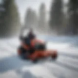 A zero turn mower with a snow blower attachment in action on a snowy landscape