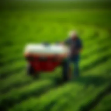 Farmers using a drop spreader in a lush green field.