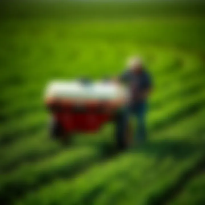 Farmers using a drop spreader in a lush green field.