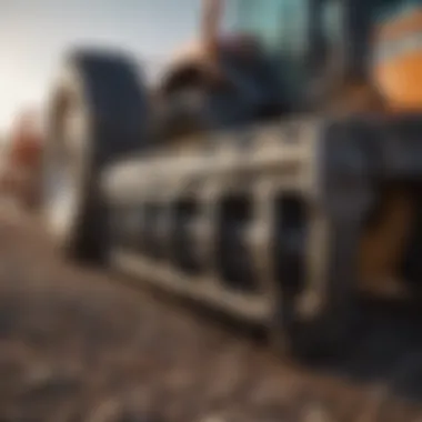 Close-up of gravel leveler attachment on tractor