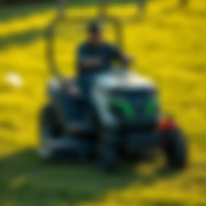 The mower in action on a vibrant lawn